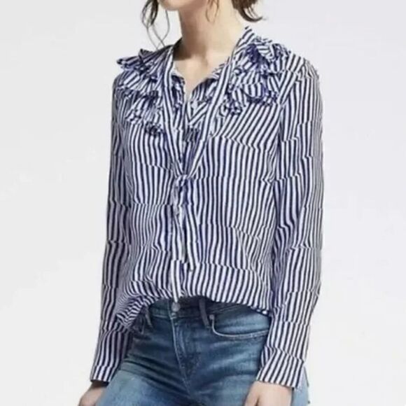 Banana Republic Striped Ruffle Tie Neck Blouse - Picture 2 of 13